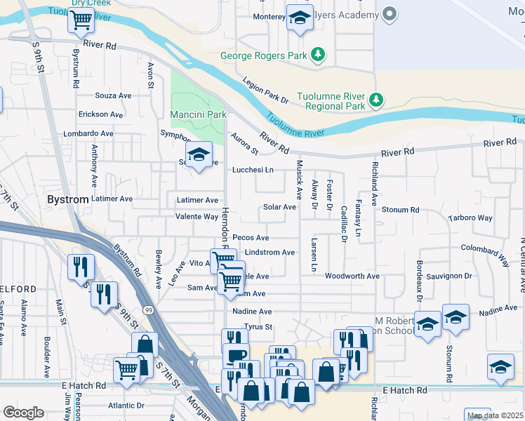 map of restaurants, bars, coffee shops, grocery stores, and more near 1400 Solar Avenue in Modesto