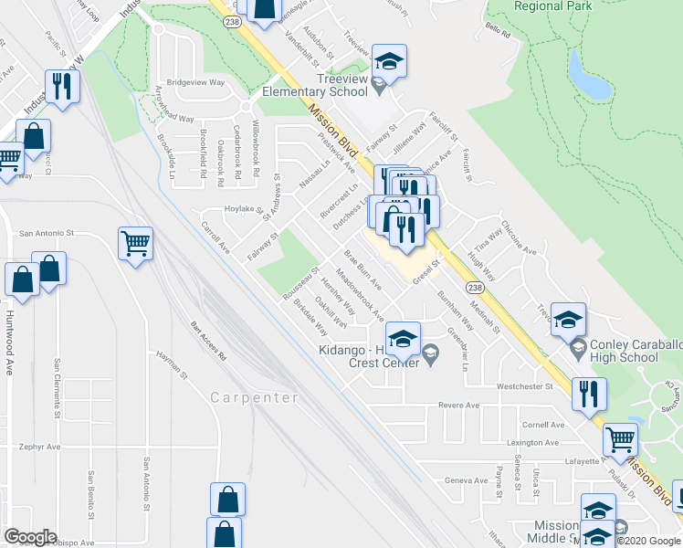 map of restaurants, bars, coffee shops, grocery stores, and more near Meadowbrook Avenue in Hayward