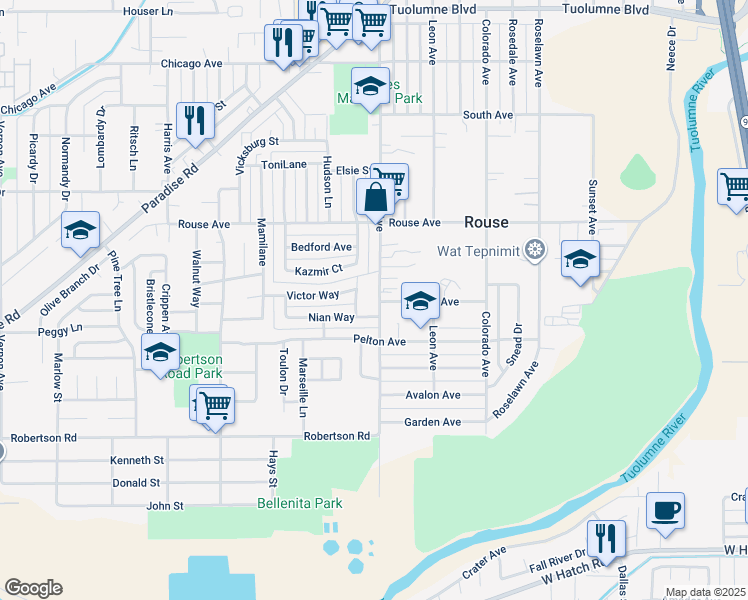 map of restaurants, bars, coffee shops, grocery stores, and more near 820 Sutter Avenue in Modesto