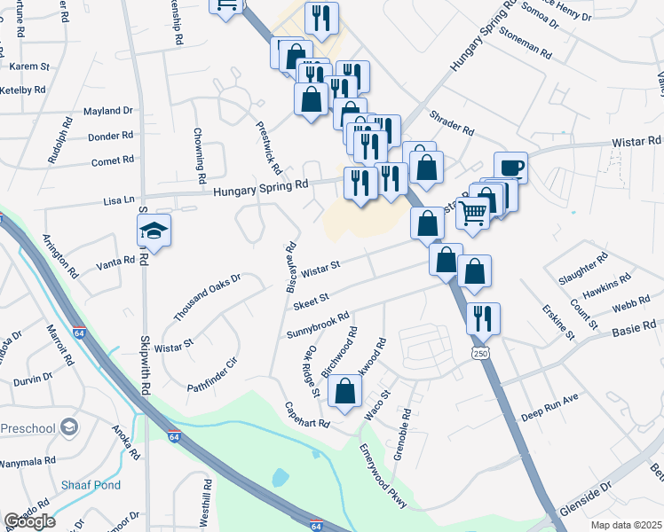 map of restaurants, bars, coffee shops, grocery stores, and more near 2503 Wistar Street in Henrico