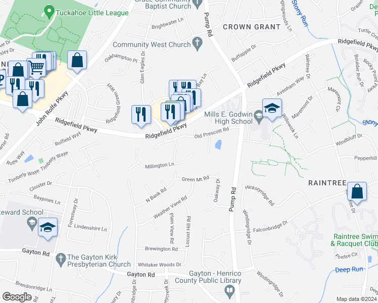 map of restaurants, bars, coffee shops, grocery stores, and more near 10808 Millington Lane in Richmond