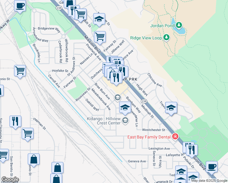 map of restaurants, bars, coffee shops, grocery stores, and more near 31039 Everett Court in Hayward