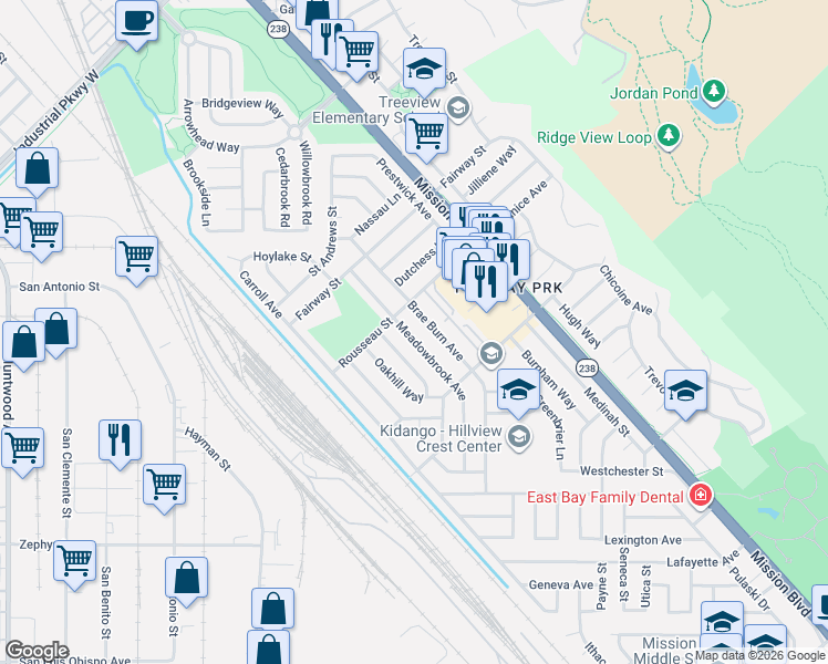 map of restaurants, bars, coffee shops, grocery stores, and more near 31056 Brae Burn Avenue in Hayward