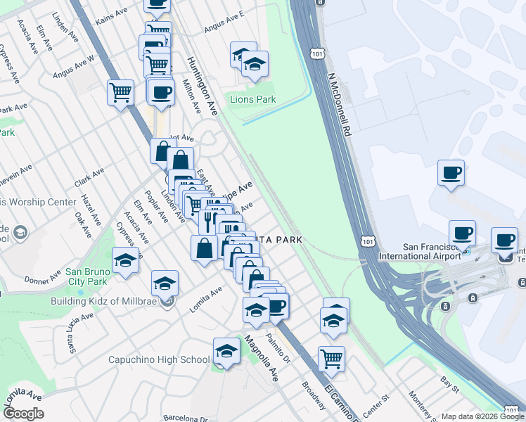 map of restaurants, bars, coffee shops, grocery stores, and more near 210 San Antonio Avenue in San Bruno