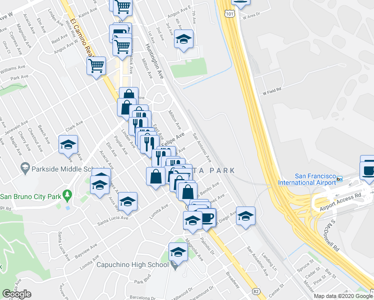 map of restaurants, bars, coffee shops, grocery stores, and more near 217 San Luis Avenue in San Bruno