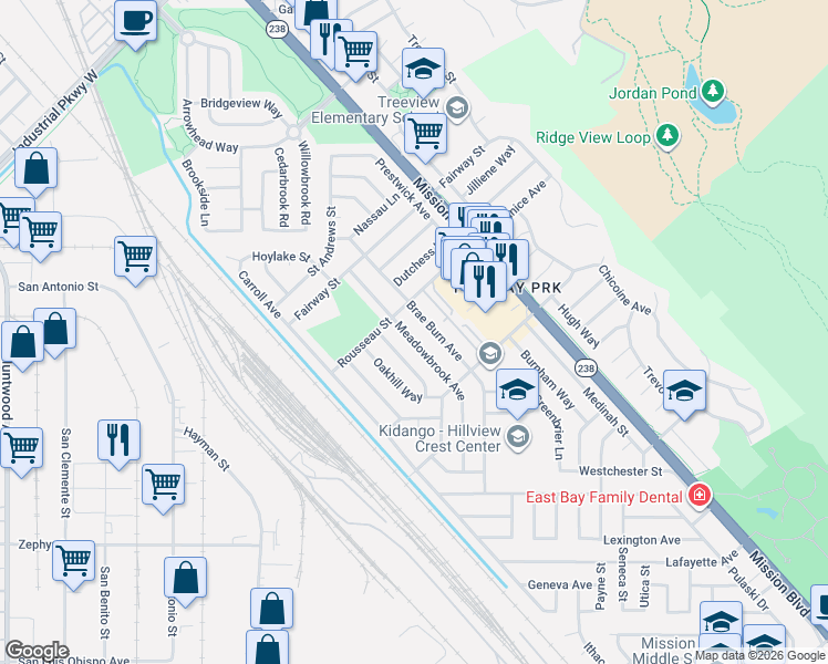map of restaurants, bars, coffee shops, grocery stores, and more near 31070 Meadowbrook Avenue in Hayward