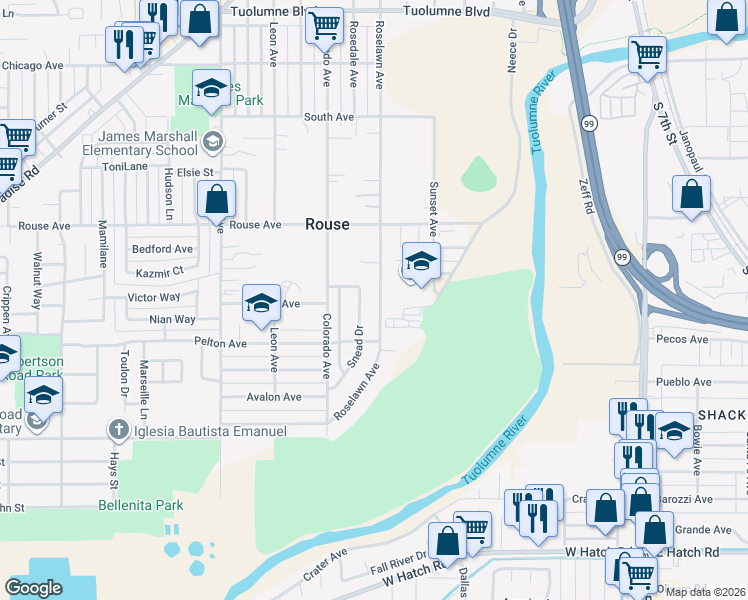 map of restaurants, bars, coffee shops, grocery stores, and more near 812 Roselawn Avenue in Modesto