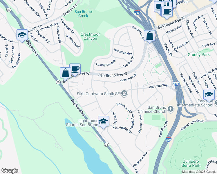 map of restaurants, bars, coffee shops, grocery stores, and more near 2460 Whitman Way in San Bruno