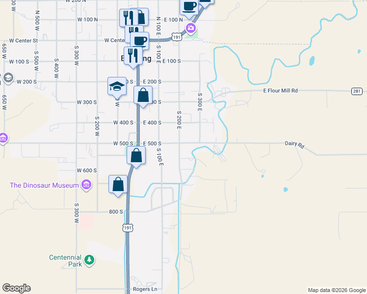 map of restaurants, bars, coffee shops, grocery stores, and more near 212 East 500 South in Blanding
