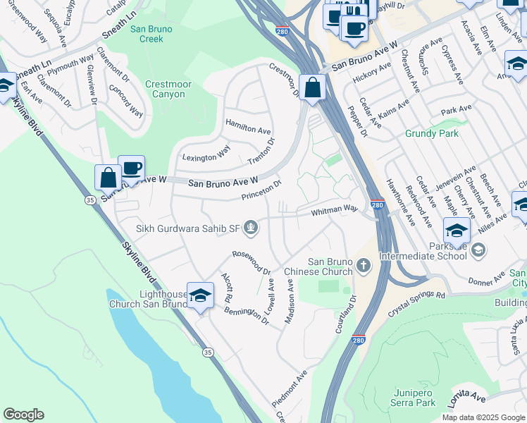 map of restaurants, bars, coffee shops, grocery stores, and more near 521 Madison Avenue in San Bruno