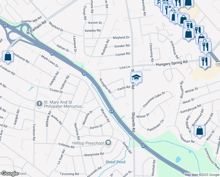 map of restaurants, bars, coffee shops, grocery stores, and more near 7611 Winkler Road in Richmond