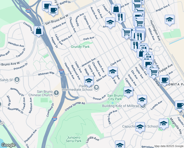 map of restaurants, bars, coffee shops, grocery stores, and more near 455 Cherry Avenue in San Bruno