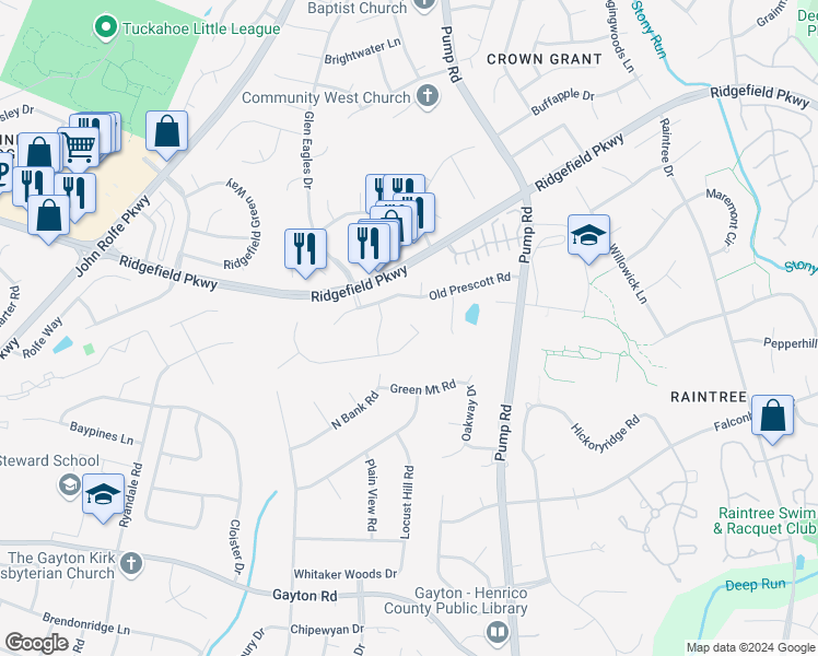 map of restaurants, bars, coffee shops, grocery stores, and more near 10808 Millington Lane in Richmond