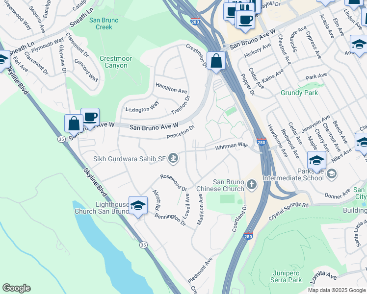 map of restaurants, bars, coffee shops, grocery stores, and more near 521 Madison Avenue in San Bruno