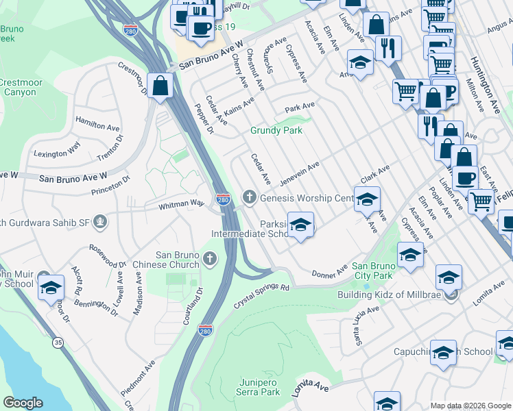 map of restaurants, bars, coffee shops, grocery stores, and more near 486 Hawthorne Avenue in San Bruno