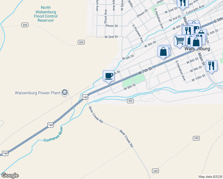 map of restaurants, bars, coffee shops, grocery stores, and more near 699 Ash Avenue in Walsenburg