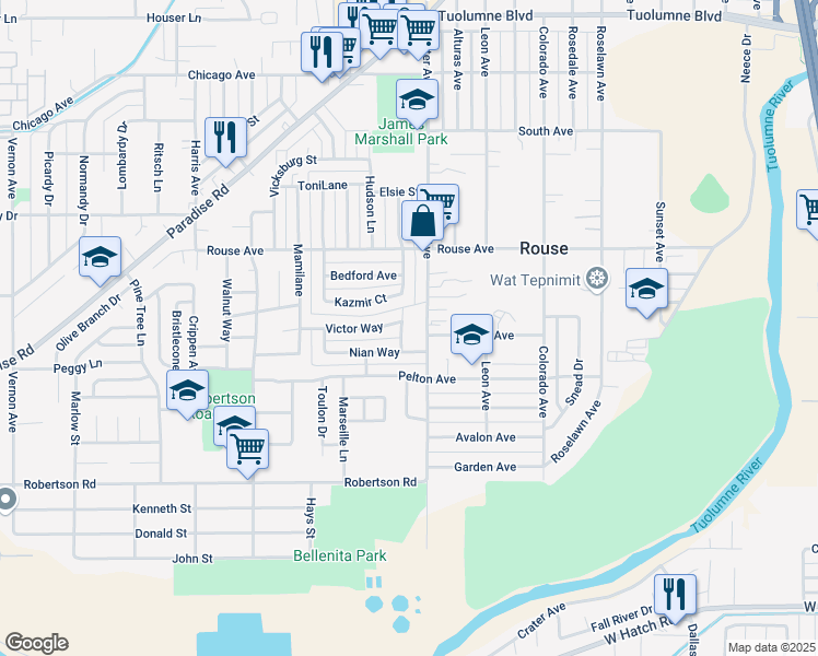 map of restaurants, bars, coffee shops, grocery stores, and more near 808 Clementa Way in Modesto