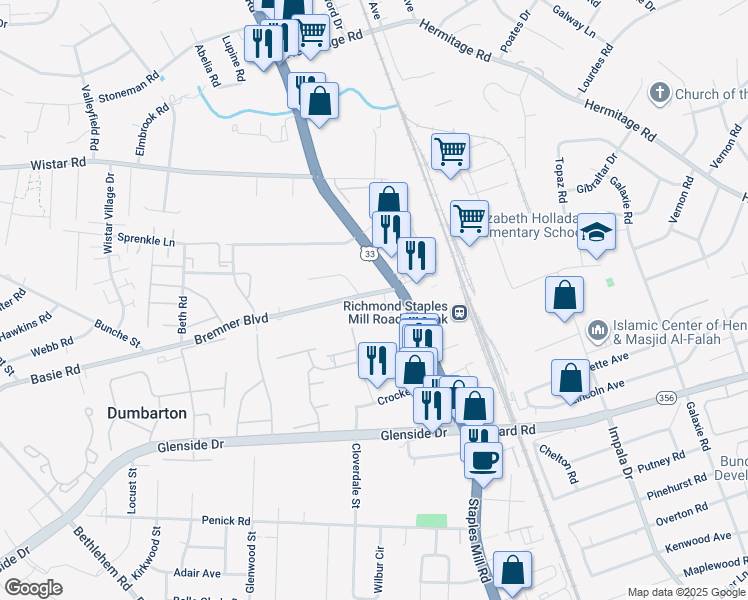 map of restaurants, bars, coffee shops, grocery stores, and more near 4005 Bremner Boulevard in Richmond