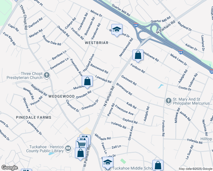 map of restaurants, bars, coffee shops, grocery stores, and more near 2013 Dresden Road in Richmond