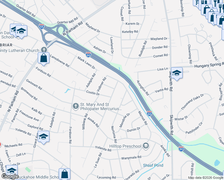 map of restaurants, bars, coffee shops, grocery stores, and more near 8005 Moorefield Road in Richmond