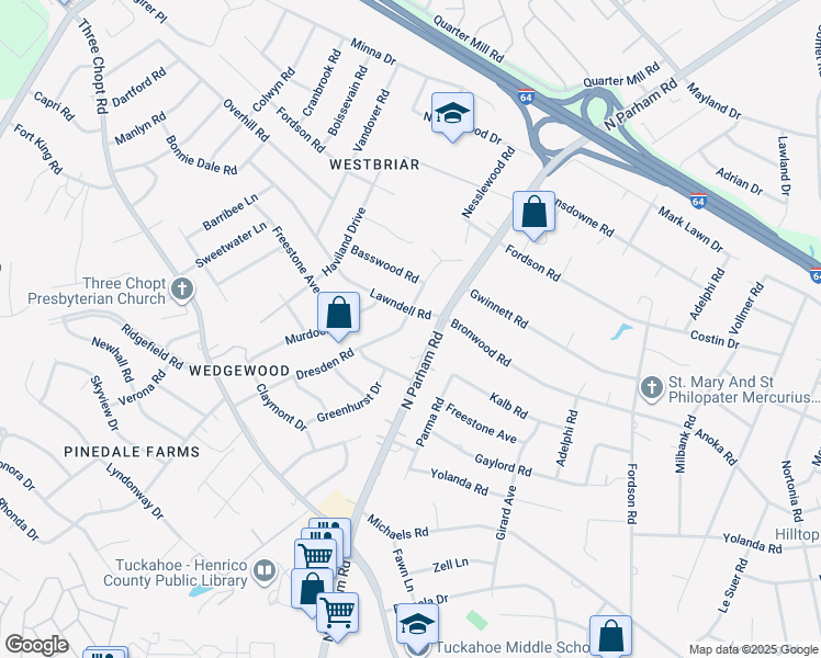 map of restaurants, bars, coffee shops, grocery stores, and more near 2013 Dresden Road in Richmond