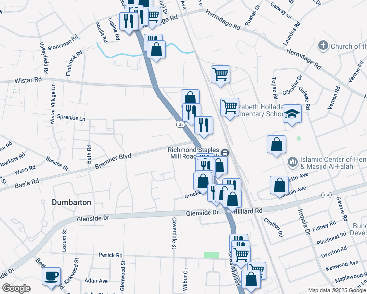 map of restaurants, bars, coffee shops, grocery stores, and more near 4005 Bremner Boulevard in Richmond