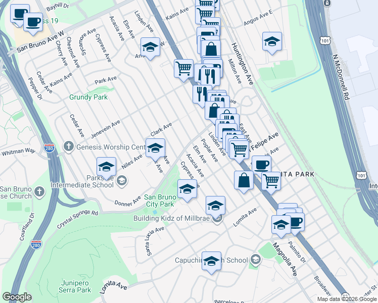 map of restaurants, bars, coffee shops, grocery stores, and more near 307 Acacia Avenue in San Bruno