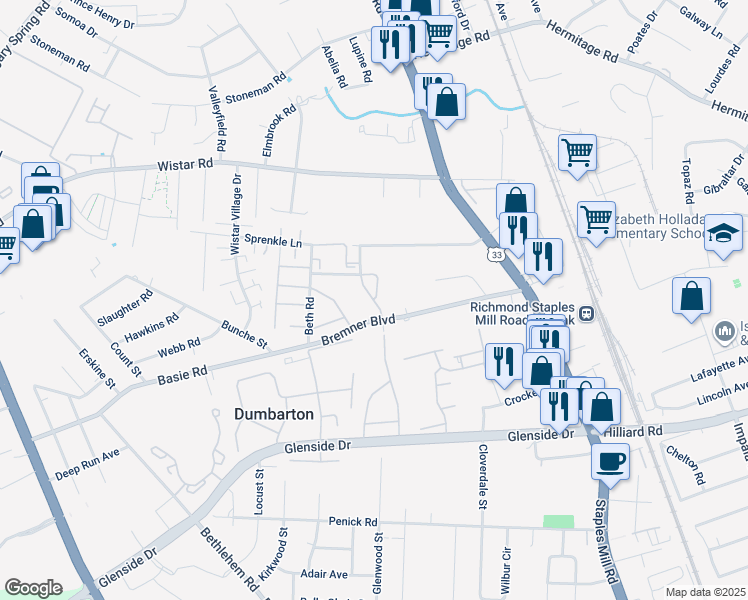 map of restaurants, bars, coffee shops, grocery stores, and more near 7600 Fernwood Court in Henrico