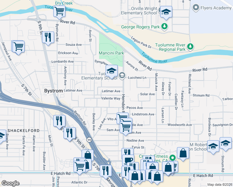 map of restaurants, bars, coffee shops, grocery stores, and more near 1208 Latimer Avenue in Modesto