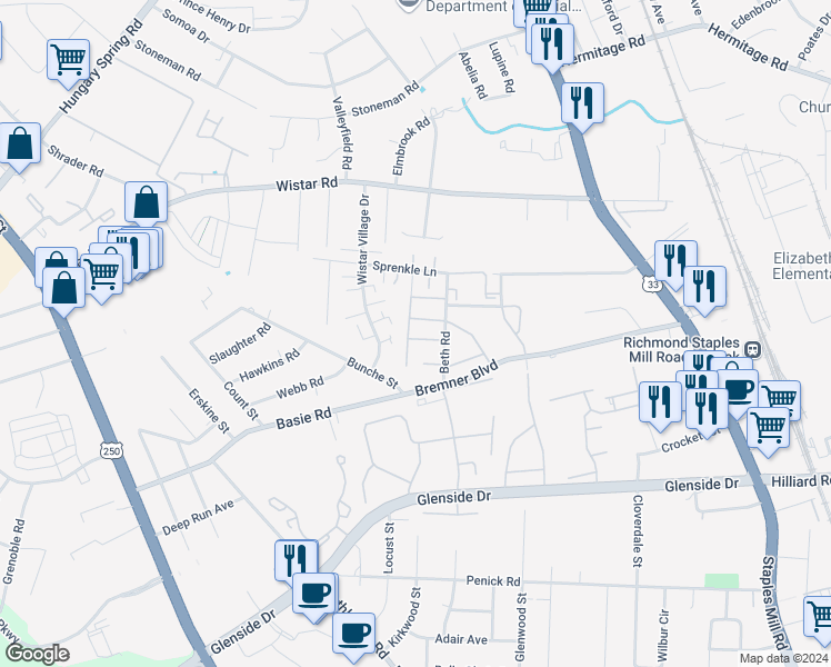 map of restaurants, bars, coffee shops, grocery stores, and more near 7621 Beth Road in Henrico