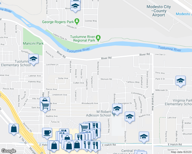 map of restaurants, bars, coffee shops, grocery stores, and more near 1644 Magic Lane in Modesto
