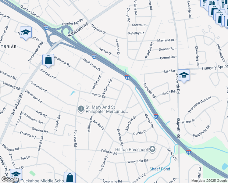 map of restaurants, bars, coffee shops, grocery stores, and more near 8005 Moorefield Rd in Richmond