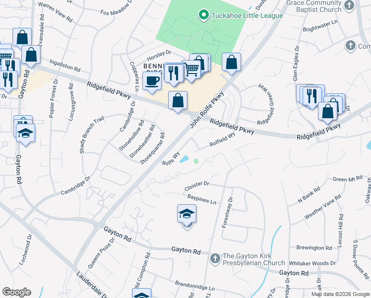map of restaurants, bars, coffee shops, grocery stores, and more near 1838 Rolfe Way in Richmond