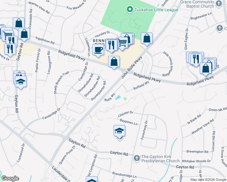 map of restaurants, bars, coffee shops, grocery stores, and more near 1838 Rolfe Way in Richmond