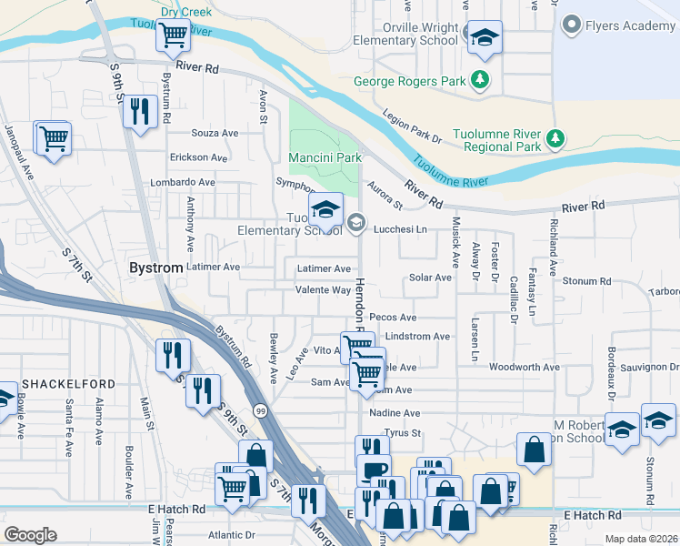 map of restaurants, bars, coffee shops, grocery stores, and more near 1208 Latimer Avenue in Modesto