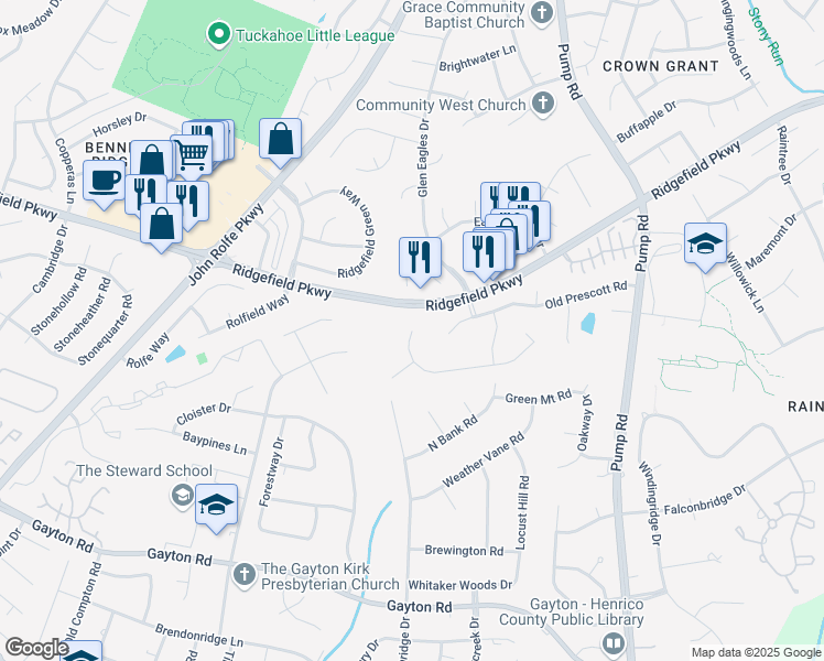 map of restaurants, bars, coffee shops, grocery stores, and more near 10884 Millington Lane in Henrico