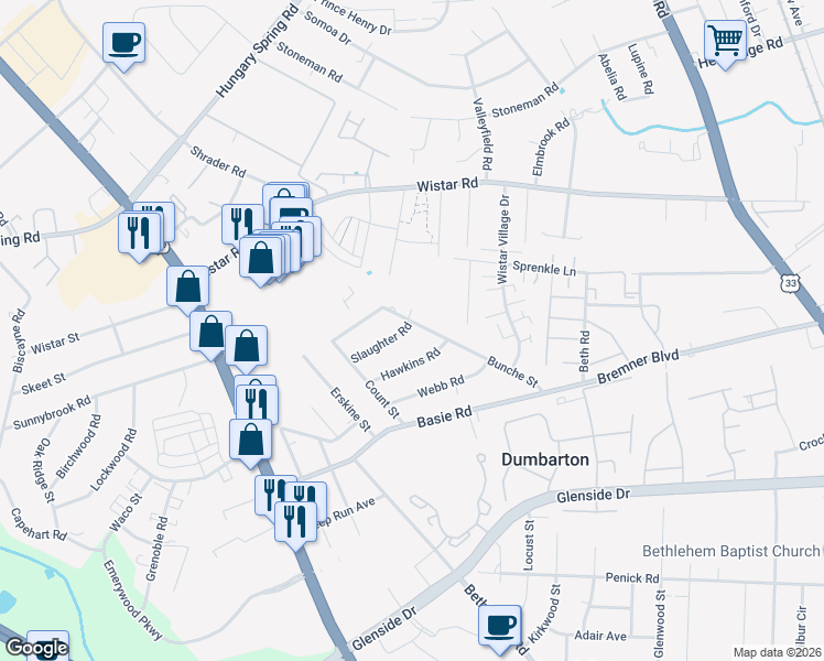 map of restaurants, bars, coffee shops, grocery stores, and more near 7207 Bunche Street in Richmond