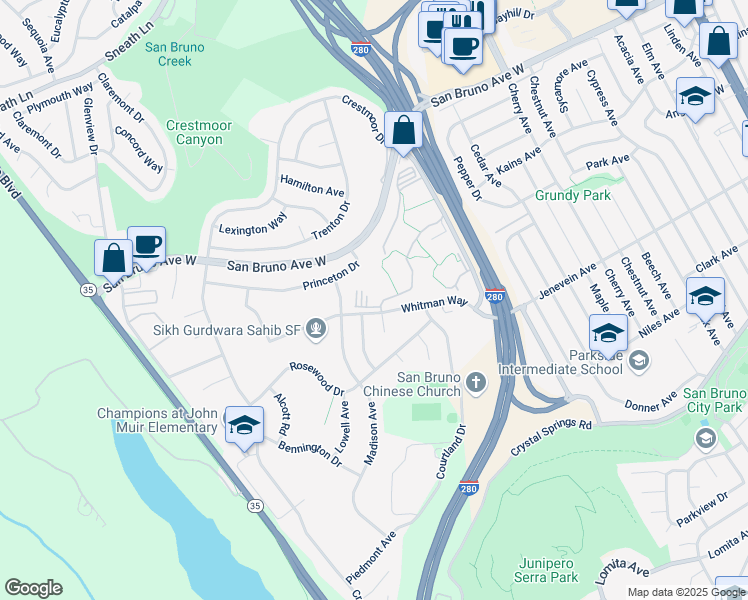 map of restaurants, bars, coffee shops, grocery stores, and more near 7229 Shelter Creek Lane in San Bruno