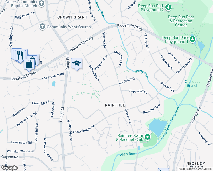 map of restaurants, bars, coffee shops, grocery stores, and more near 10310 Windbluff Drive in Richmond