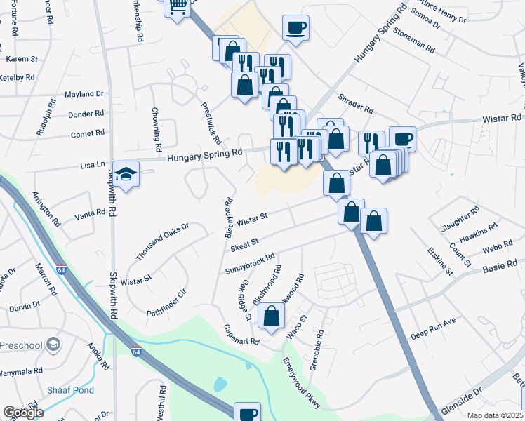map of restaurants, bars, coffee shops, grocery stores, and more near 2504 Wistar Street in Richmond