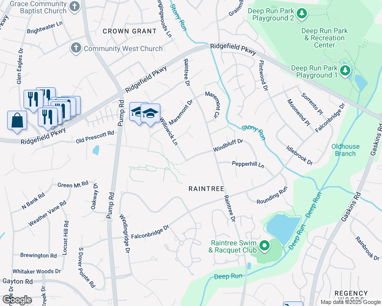 map of restaurants, bars, coffee shops, grocery stores, and more near 10310 Windbluff Drive in Richmond