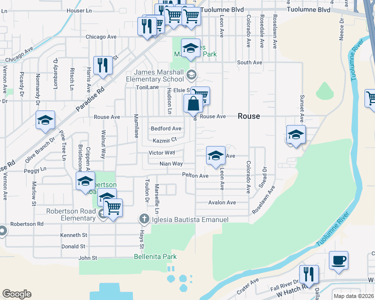 map of restaurants, bars, coffee shops, grocery stores, and more near 808 Clementa Way in Modesto