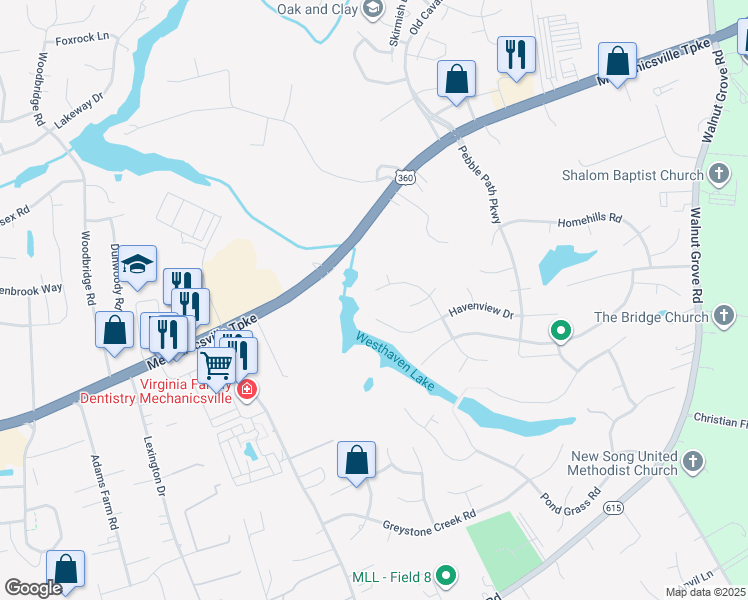 map of restaurants, bars, coffee shops, grocery stores, and more near 8079 Lake Haven Drive in Mechanicsville