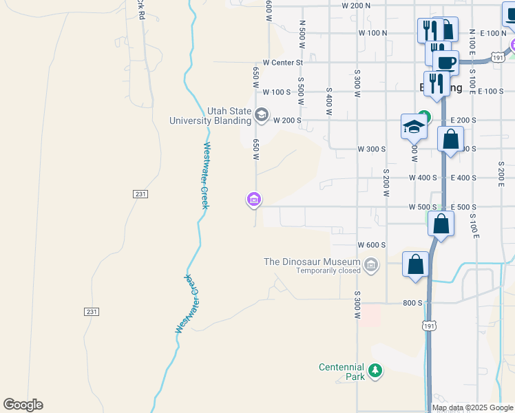 map of restaurants, bars, coffee shops, grocery stores, and more near 492 West 500 South in Blanding