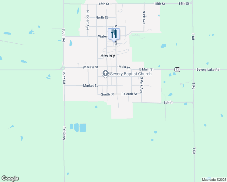 map of restaurants, bars, coffee shops, grocery stores, and more near 300-306 South Kansas Avenue in Severy