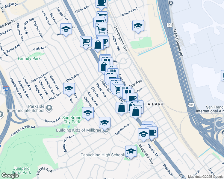 map of restaurants, bars, coffee shops, grocery stores, and more near 221 El Camino Real in San Bruno