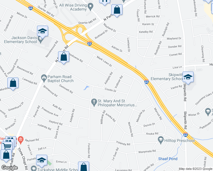 map of restaurants, bars, coffee shops, grocery stores, and more near 2311 Adelphi Road in Richmond