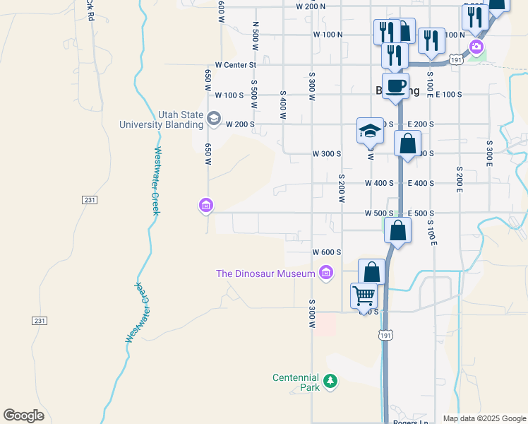 map of restaurants, bars, coffee shops, grocery stores, and more near 461 West 500 South in Blanding
