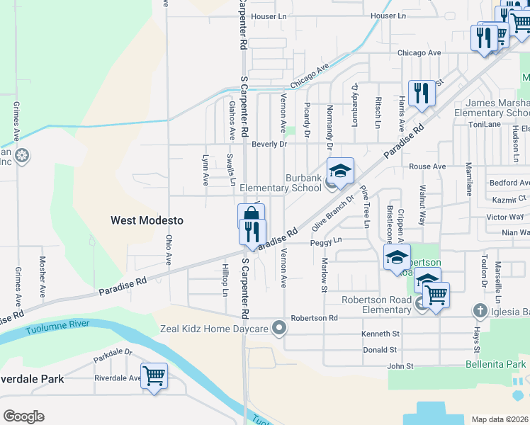 map of restaurants, bars, coffee shops, grocery stores, and more near 1616 Victoria Drive in Modesto