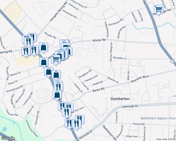 map of restaurants, bars, coffee shops, grocery stores, and more near 7207 Bunche Street in Richmond